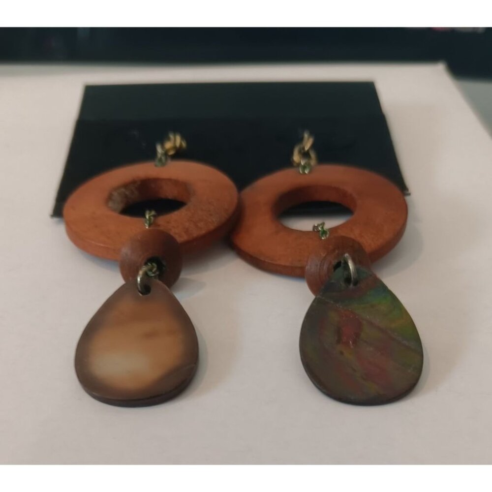 Wooden Circle Tear Drop Earrings with Shell Dangles Boho Handmade Jewelry for Wo